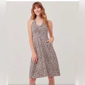 Pact Maya Halter Dress Fit Flare Beige Print Organic Cotton M
